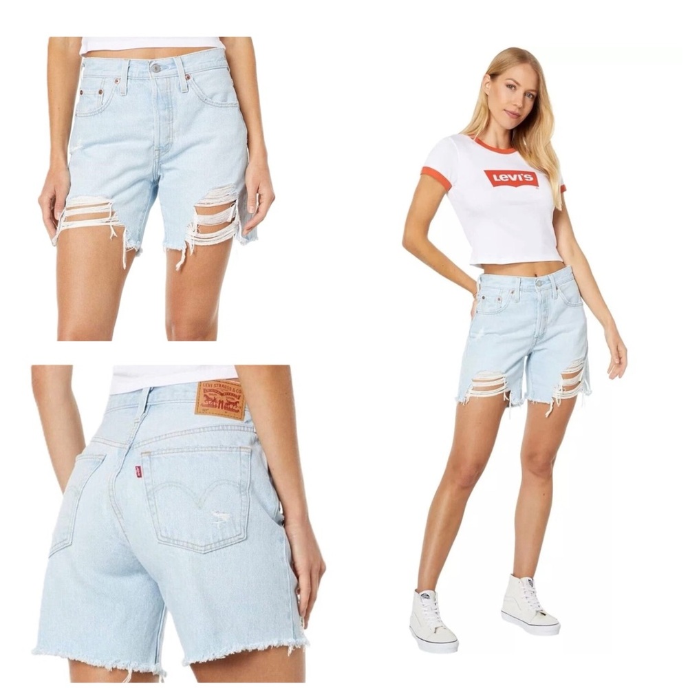 NWOT LEVI’S 501 Women 32  SHAKE IT UP High Ride Light Blue MIDI Denim Shorts